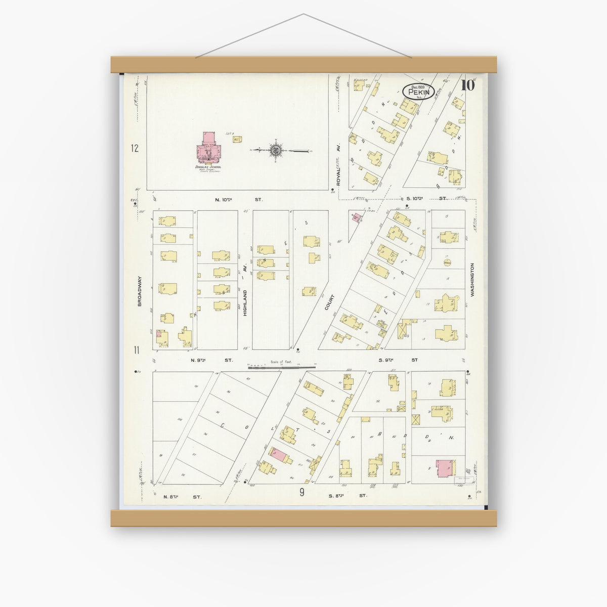 Old map wall art mockup — magnetic wood frame on white wall — Sanborn Fire Insurance Map from Pekin, Tazewell County, Illinois (1909), Sheet #0010