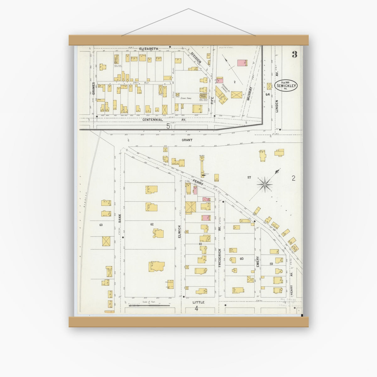Old map wall art mockup — magnetic wood frame on white wall — Sanborn Fire Insurance Map from Sewickley, Allegheny County, Pennsylvania (1900), Sheet #0003