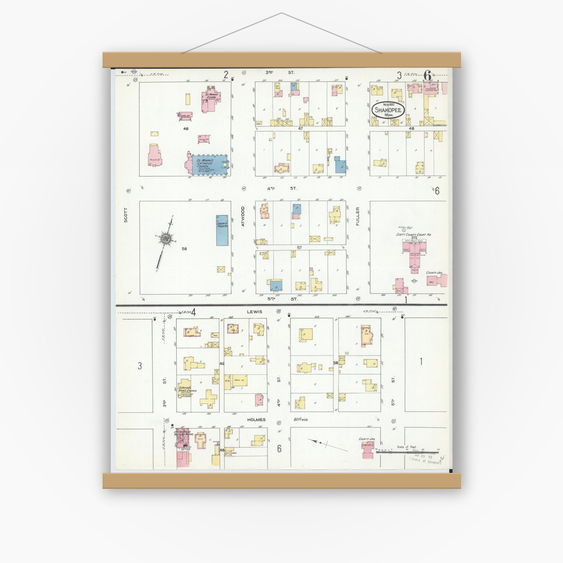 Old map wall art mockup — magnetic wood frame on white wall — Sanborn Fire Insurance Map from Shakopee, Scott County, Minnesota (1910), Sheet #0006