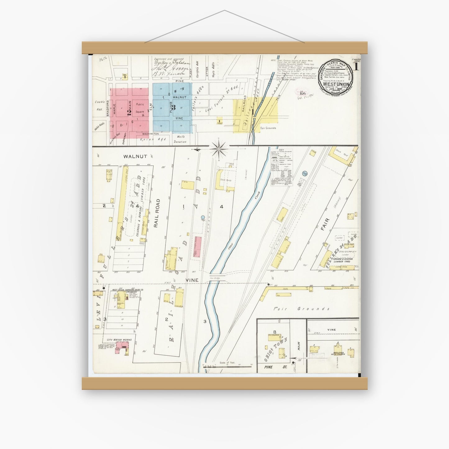 Old map wall art mockup — magnetic wood frame on white wall — Sanborn Fire Insurance Map from West Union, Fayette County, Iowa (1894) â€” Complete Set
