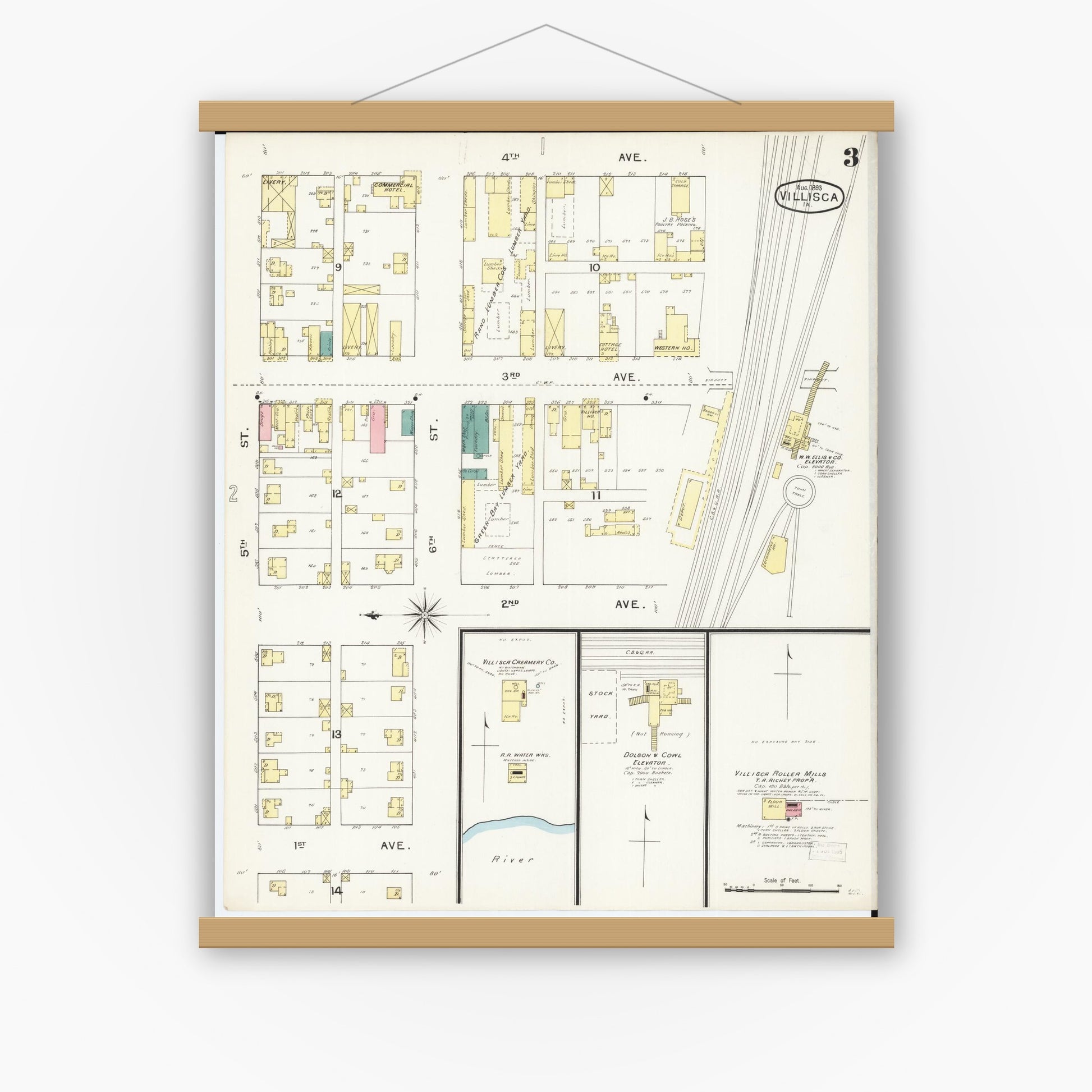 Old map wall art mockup — magnetic wood frame on white wall — Sanborn Fire Insurance Map from Villisca, Montgomery County, Iowa (1893), Sheet #0003