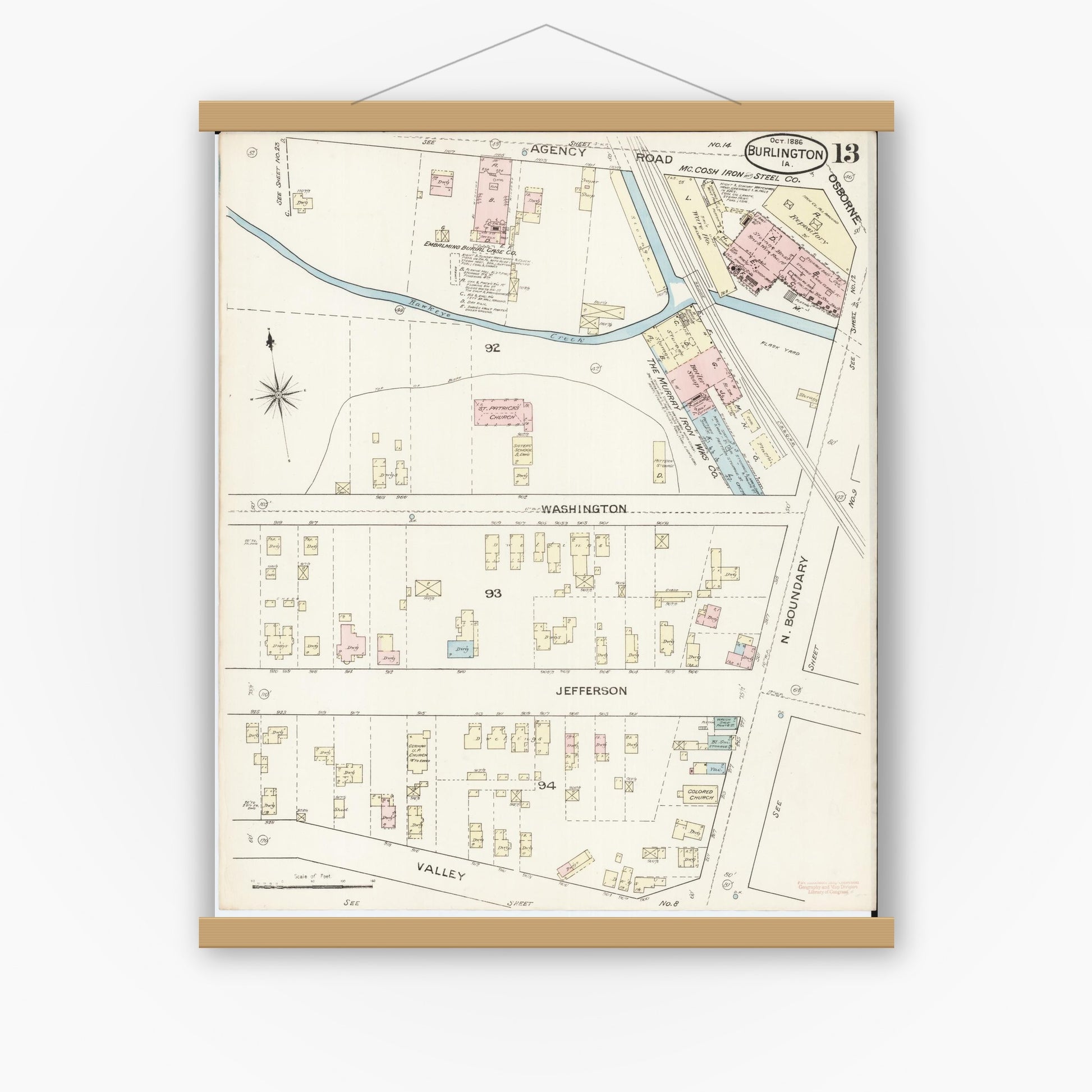 Old map wall art mockup — magnetic wood frame on white wall — Sanborn Fire Insurance Map from Burlington, Des Moines County, Iowa (1888), Sheet #0013