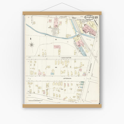 Old map wall art mockup — magnetic wood frame on white wall — Sanborn Fire Insurance Map from Burlington, Des Moines County, Iowa (1888), Sheet #0013