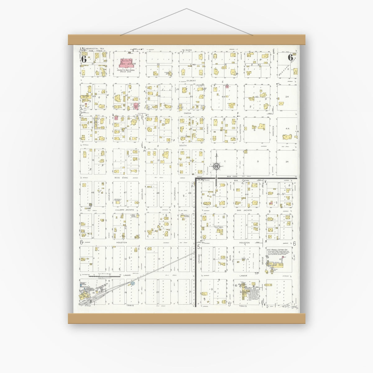 Old map wall art mockup — magnetic wood frame on white wall — Sanborn Fire Insurance Map from Henrietta, Clay County, Texas (1934), Sheet #0006
