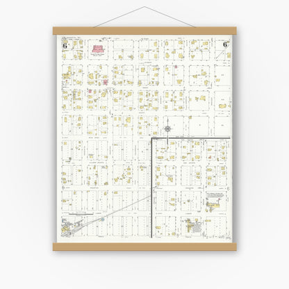 Old map wall art mockup — magnetic wood frame on white wall — Sanborn Fire Insurance Map from Henrietta, Clay County, Texas (1934), Sheet #0006