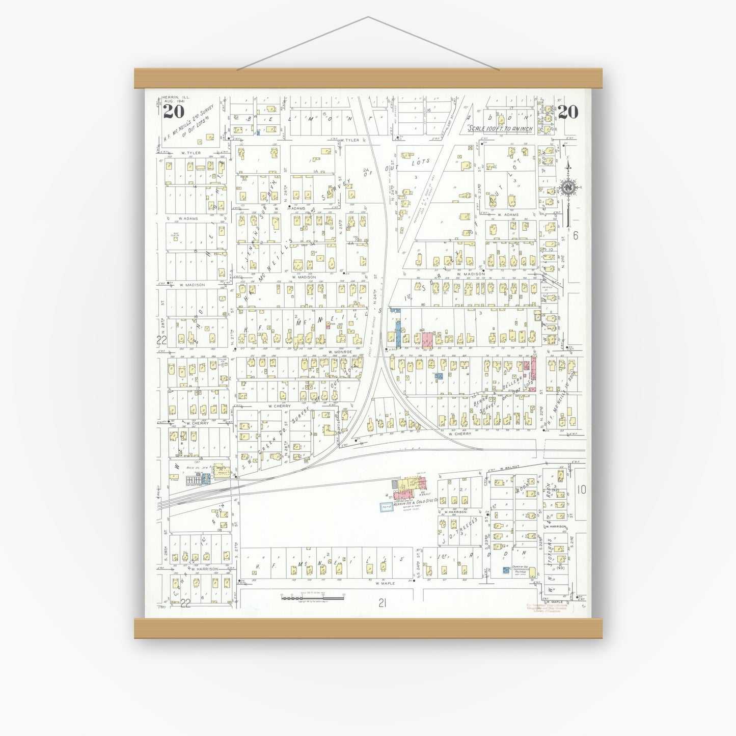 Old map wall art mockup — magnetic wood frame on white wall — Sanborn Fire Insurance Map from Herrin, Williamson County, Illinois (1941), Sheet #0020