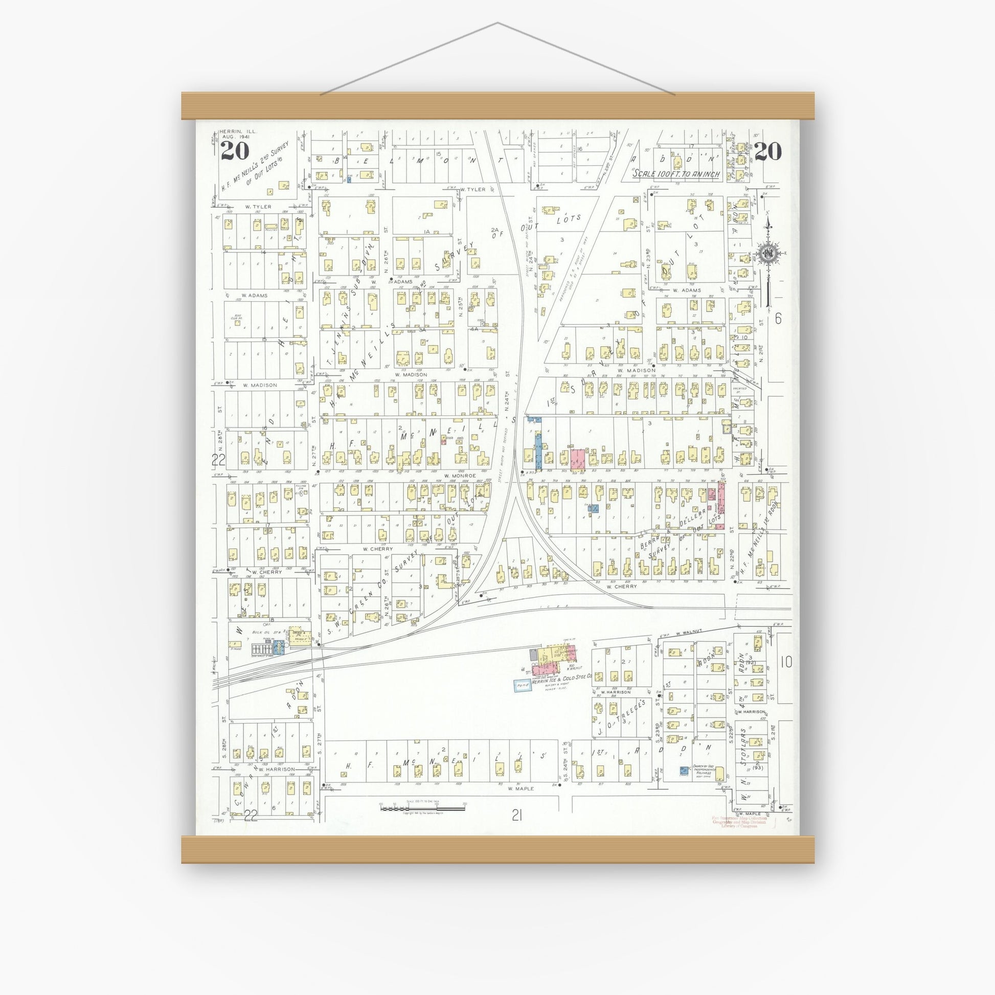 Old map wall art mockup — magnetic wood frame on white wall — Sanborn Fire Insurance Map from Herrin, Williamson County, Illinois (1941), Sheet #0020