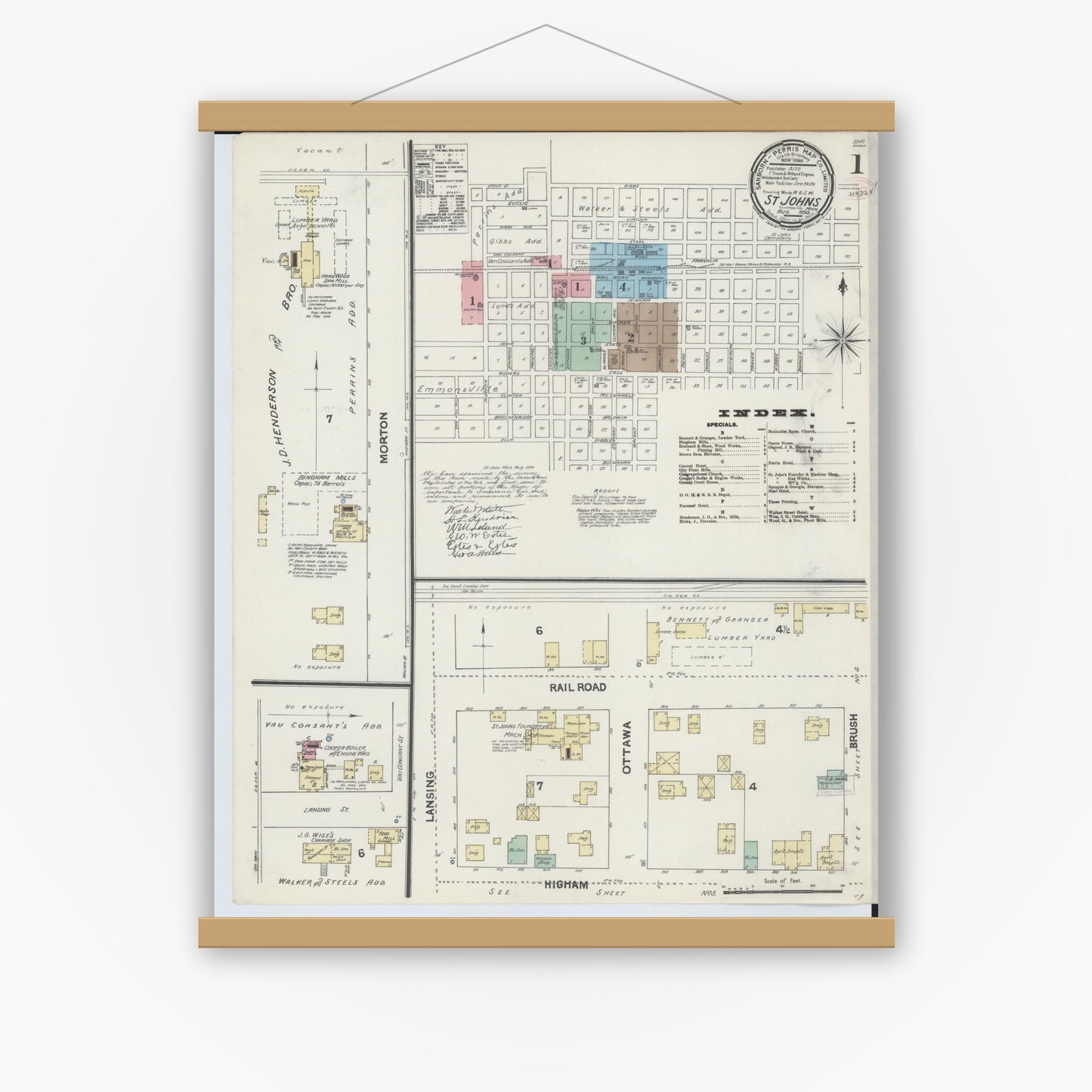 Old map wall art mockup — magnetic wood frame on white wall — Sanborn Fire Insurance Map from Saint Johns, Clinton County, Michigan (1890) - Complete Map Set
