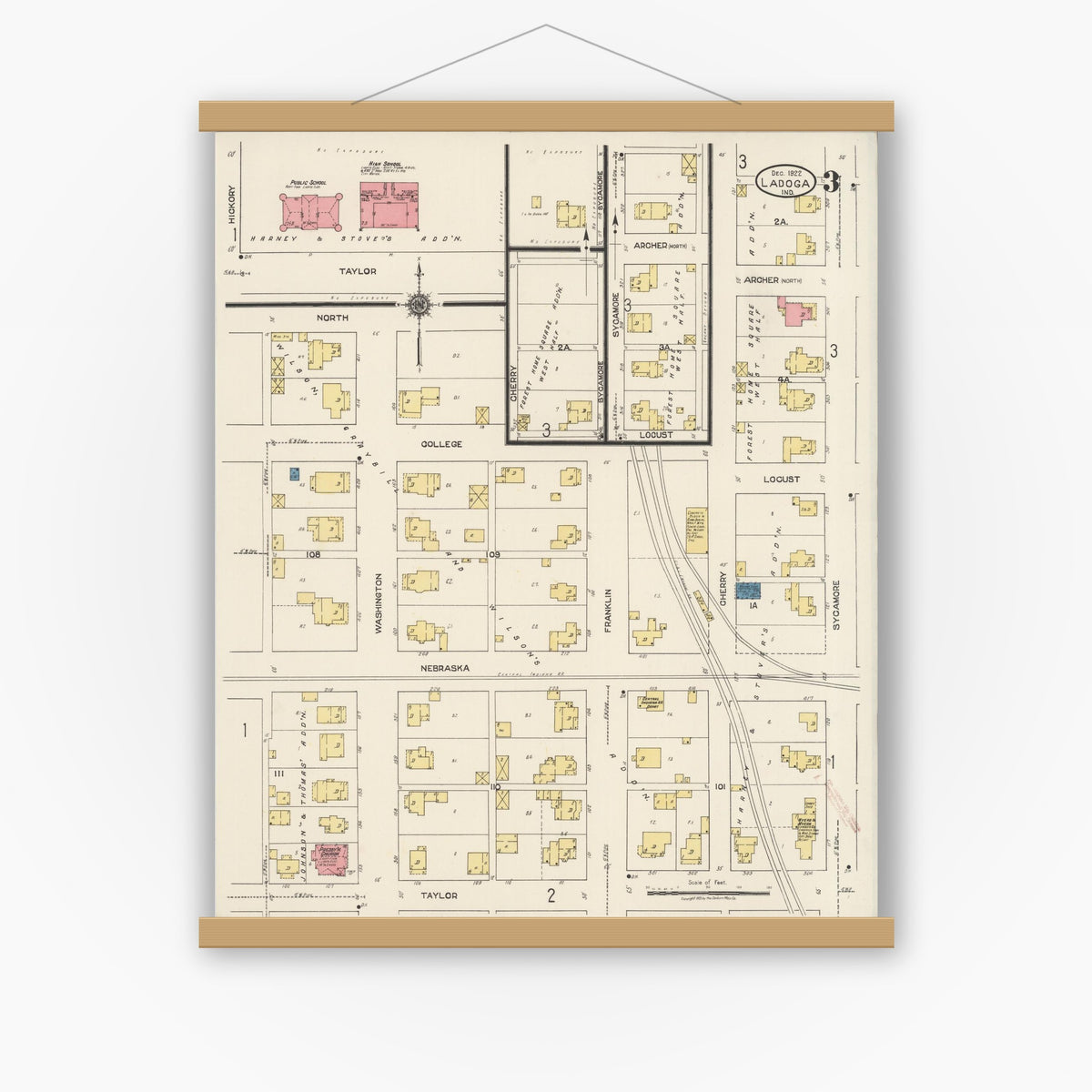 Old map wall art mockup — magnetic wood frame on white wall — Sanborn Fire Insurance Map from Ladoga, Montgomery County, Indiana (1922), Sheet #0003