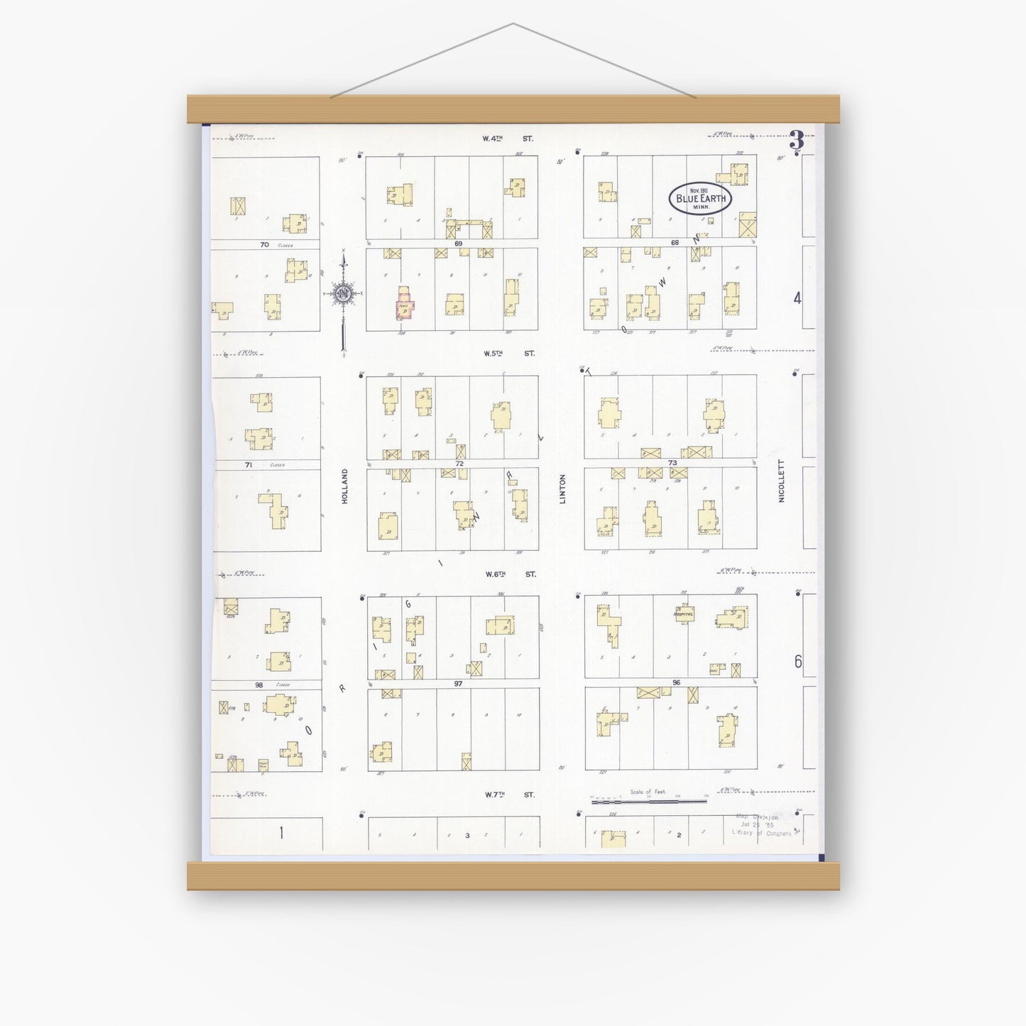 Old map wall art mockup — magnetic wood frame on white wall — Sanborn Fire Insurance Map from Blue Earth, Faribault County, Minnesota (1911), Sheet #0003