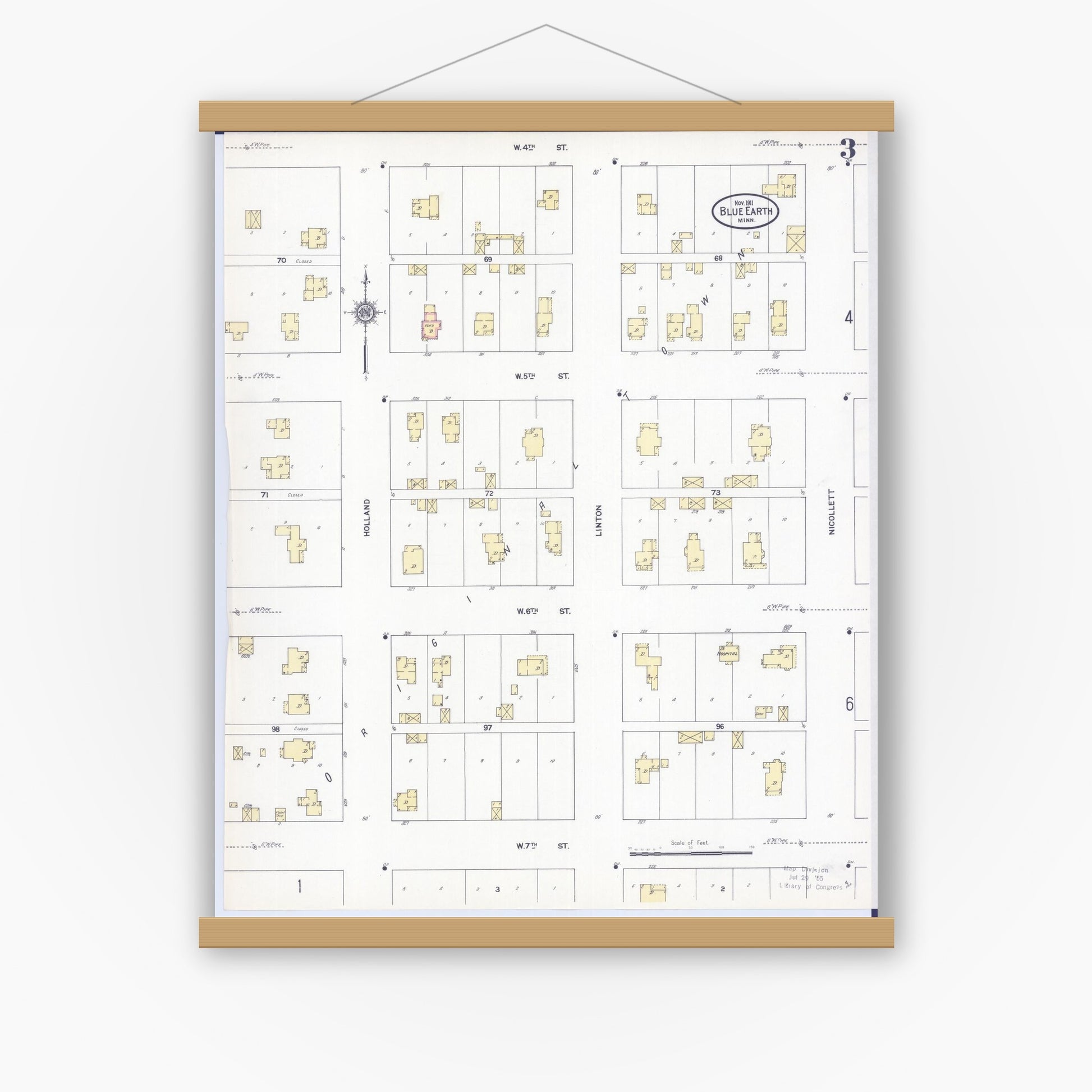 Old map wall art mockup — magnetic wood frame on white wall — Sanborn Fire Insurance Map from Blue Earth, Faribault County, Minnesota (1911), Sheet #0003