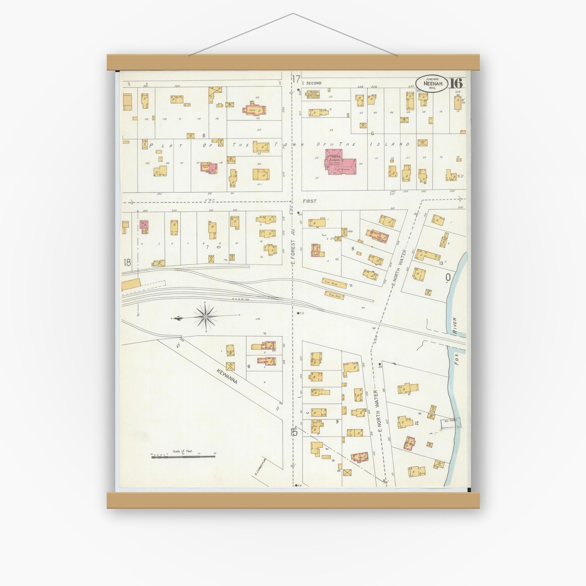 Old map wall art mockup — magnetic wood frame on white wall — Sanborn Fire Insurance Map from Neenah, Winnebago County, Wisconsin (1906), Sheet #0016