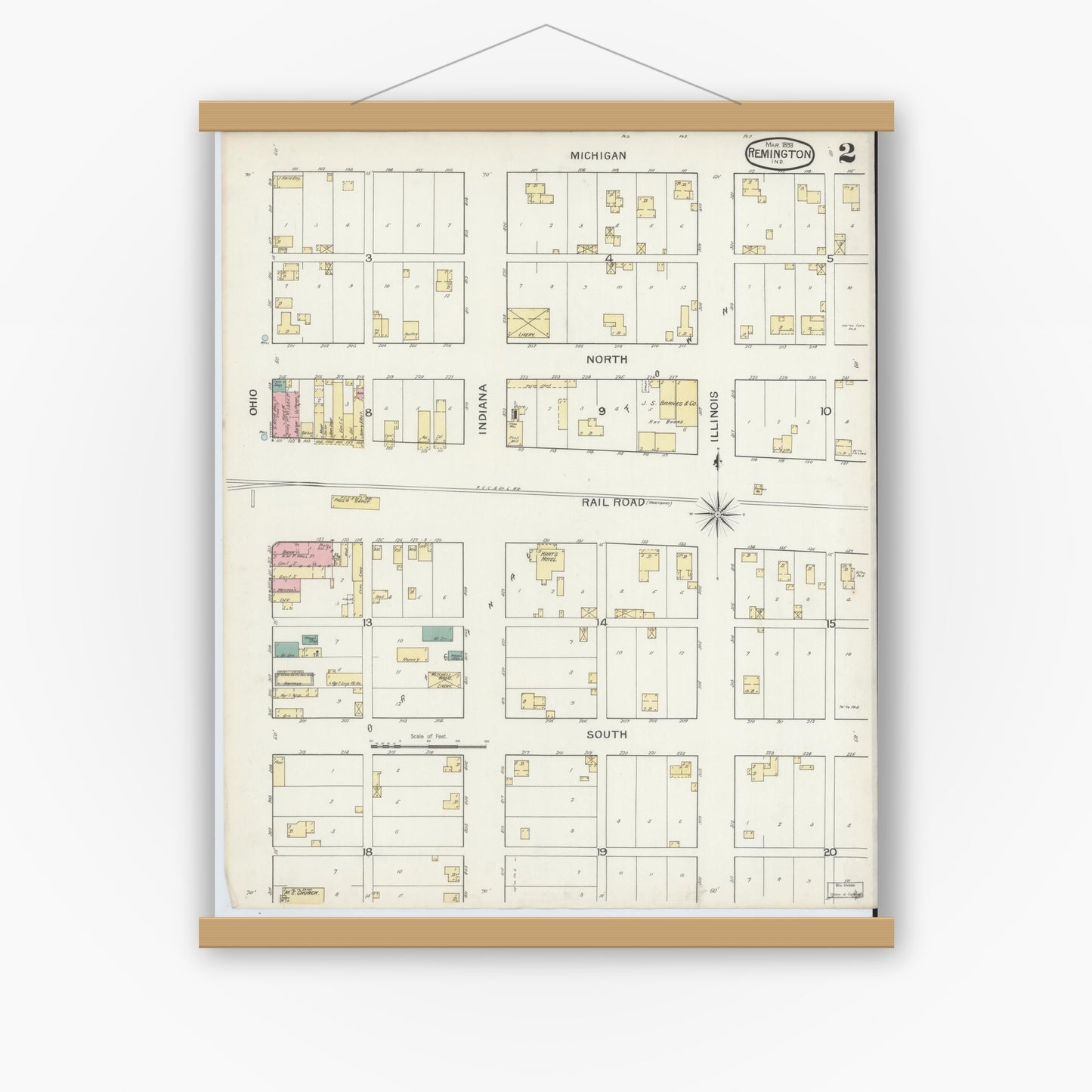 Old map wall art mockup — magnetic wood frame on white wall — Sanborn Fire Insurance Map from Remington, Jasper County, Indiana (1893), Sheet #0002