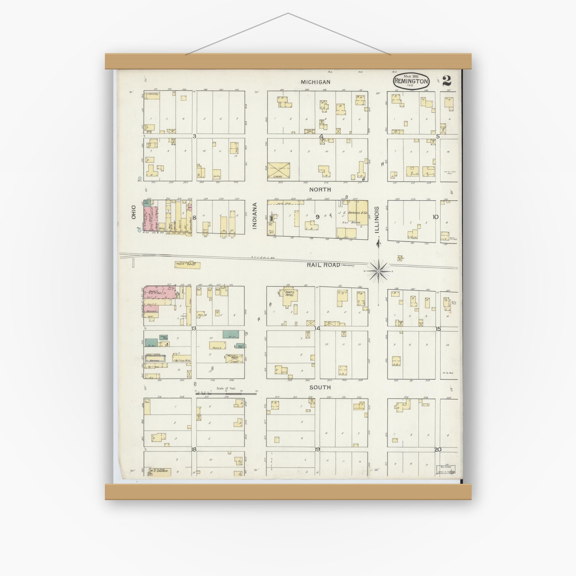 Old map wall art mockup — magnetic wood frame on white wall — Sanborn Fire Insurance Map from Remington, Jasper County, Indiana (1893), Sheet #0002