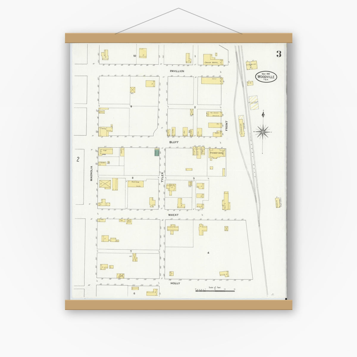 Old map wall art mockup — magnetic wood frame on white wall — Sanborn Fire Insurance Map from Wolfe City, Hunt County, Texas (1909), Sheet #0003