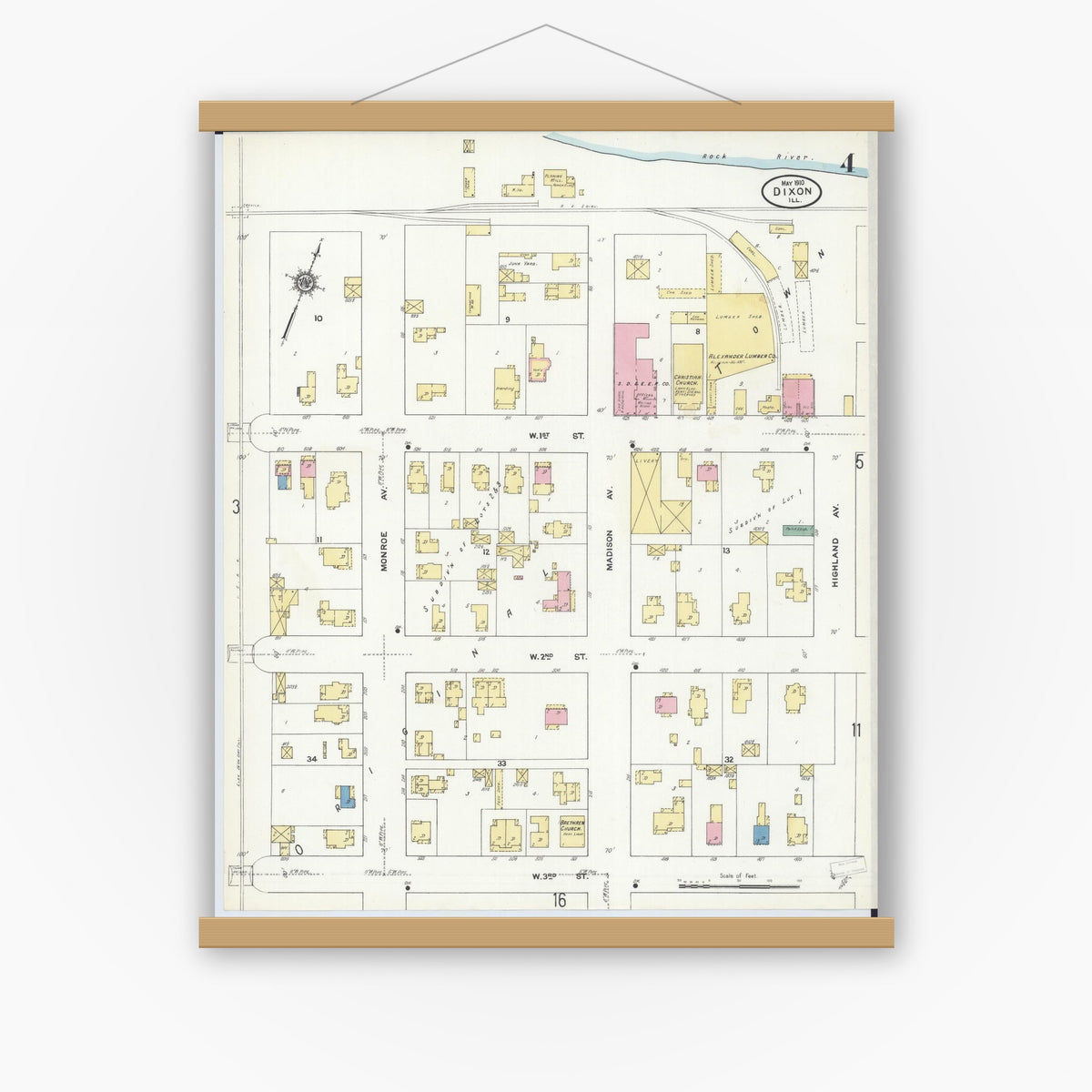 Old map wall art mockup — magnetic wood frame on white wall — Sanborn Fire Insurance Map from Dixon, Lee County, Illinois (1910), Sheet #0004