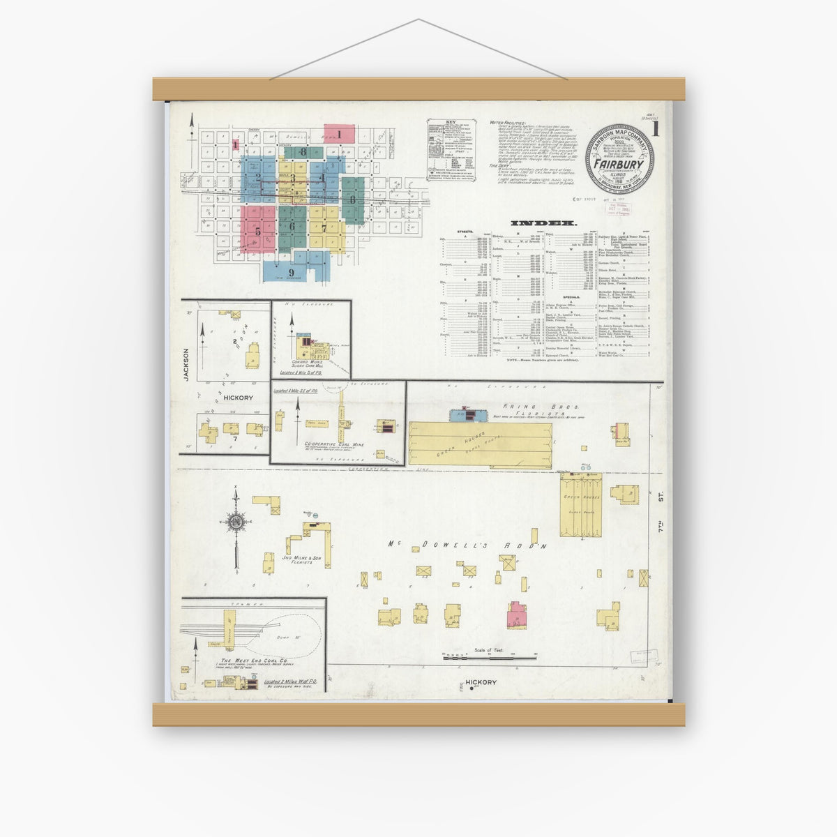Old map wall art mockup — magnetic wood frame on white wall — Sanborn Fire Insurance Map from Fairbury, Livingston County, Illinois (1911) - Complete Map Set