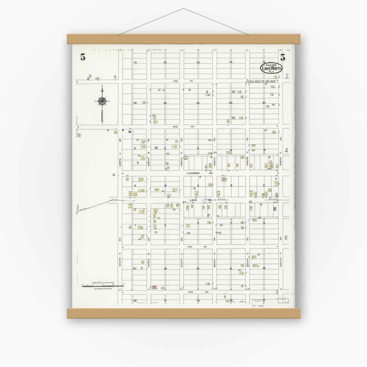 Old map wall art mockup — magnetic wood frame on white wall — Sanborn Fire Insurance Map from Lake Worth, Palm Beach County, Florida (1924), Sheet #0005