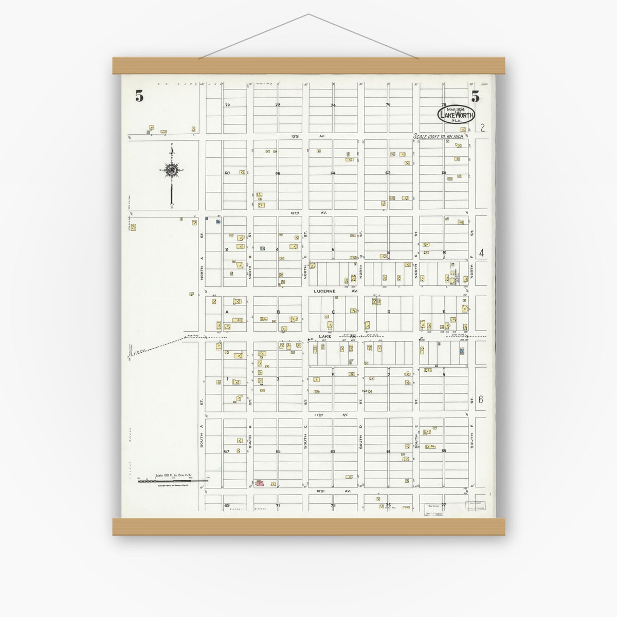 Old map wall art mockup — magnetic wood frame on white wall — Sanborn Fire Insurance Map from Lake Worth, Palm Beach County, Florida (1924), Sheet #0005