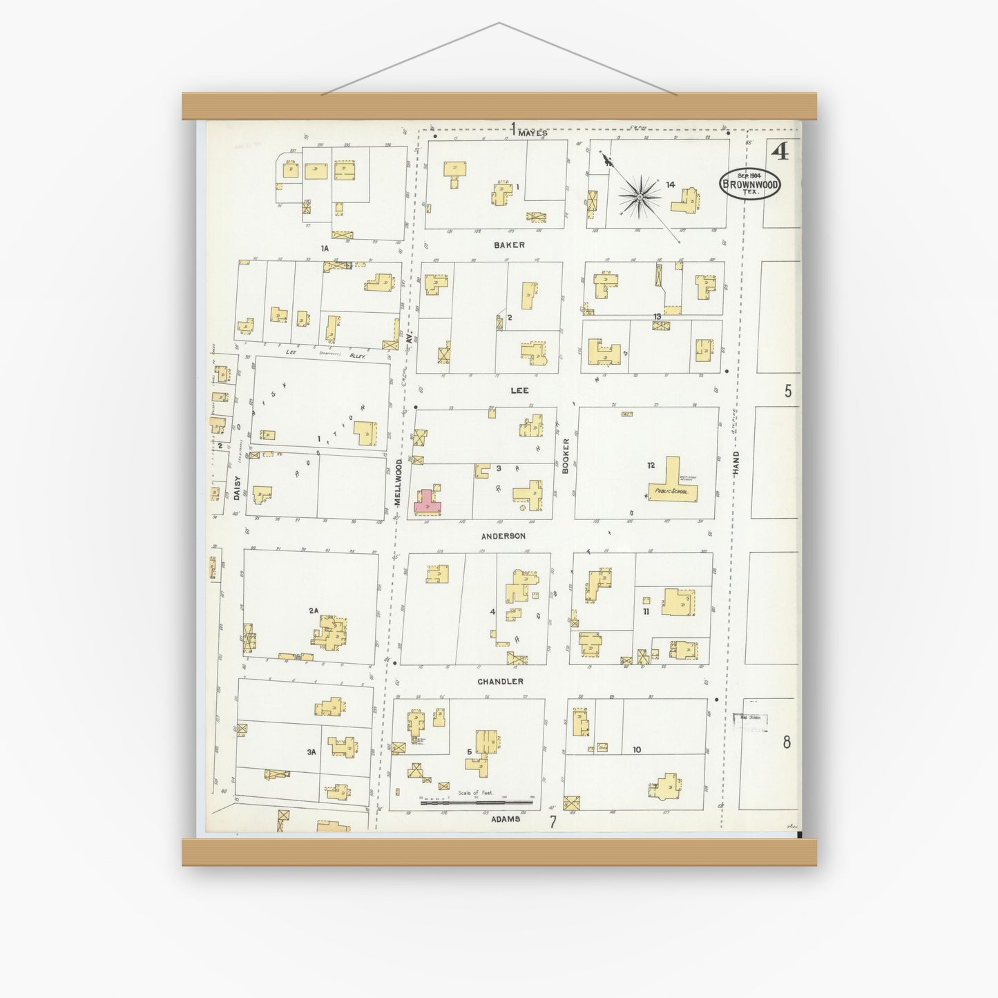 Old map wall art mockup — magnetic wood frame on white wall — Sanborn Fire Insurance Map from Brownwood, Brown County, Texas (1904), Sheet #0004