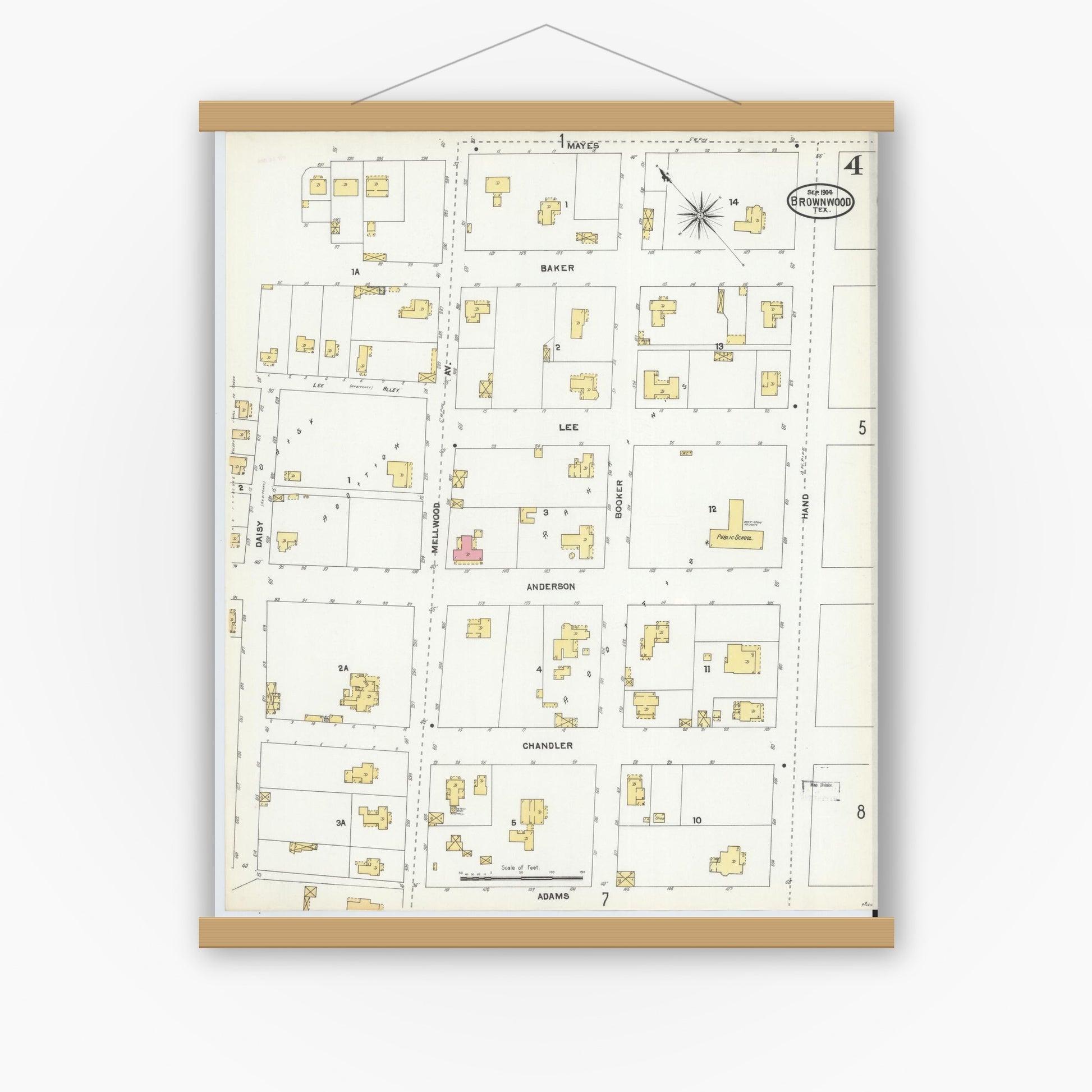 Old map wall art mockup — magnetic wood frame on white wall — Sanborn Fire Insurance Map from Brownwood, Brown County, Texas (1904), Sheet #0004