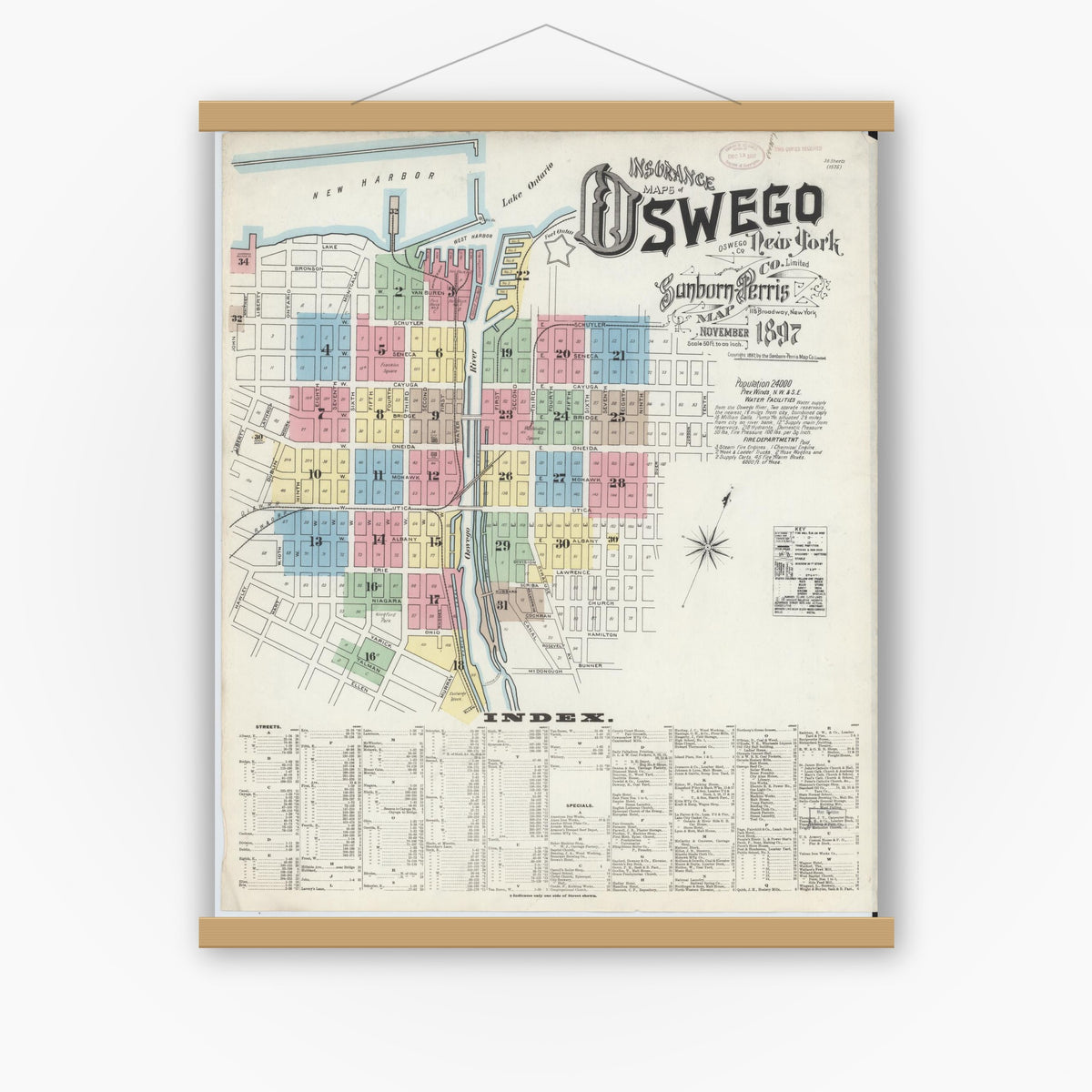 Old map wall art mockup — magnetic wood frame on white wall — Sanborn Fire Insurance Map from Oswego, Oswego County, New York (1897) - Complete Map Set