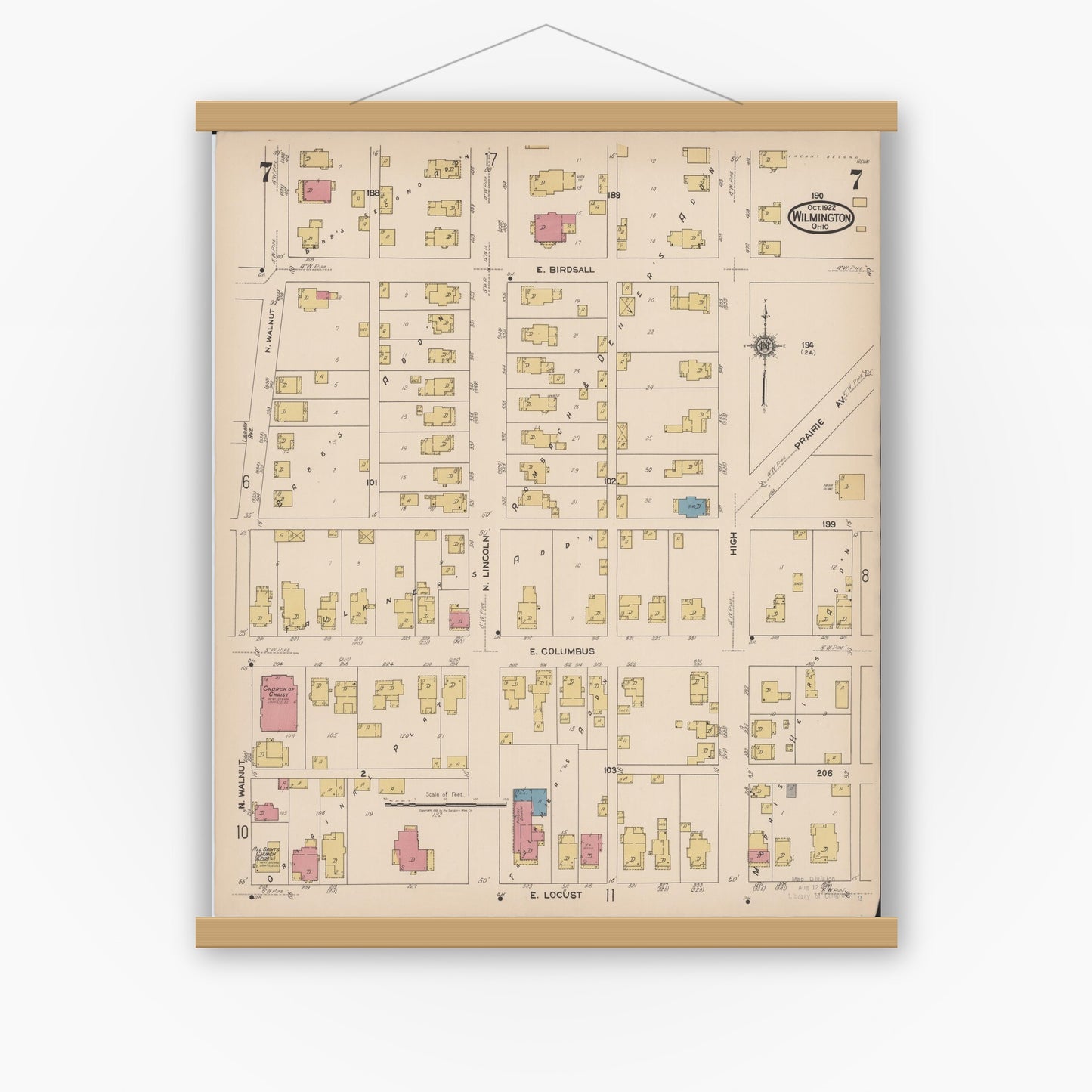 Old map wall art mockup — magnetic wood frame on white wall — Sanborn Fire Insurance Map from Wilmington, Clinton County, Ohio (1922), Sheet #0007