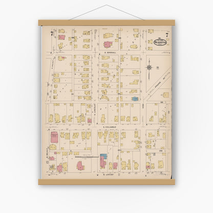 Old map wall art mockup — magnetic wood frame on white wall — Sanborn Fire Insurance Map from Wilmington, Clinton County, Ohio (1922), Sheet #0007