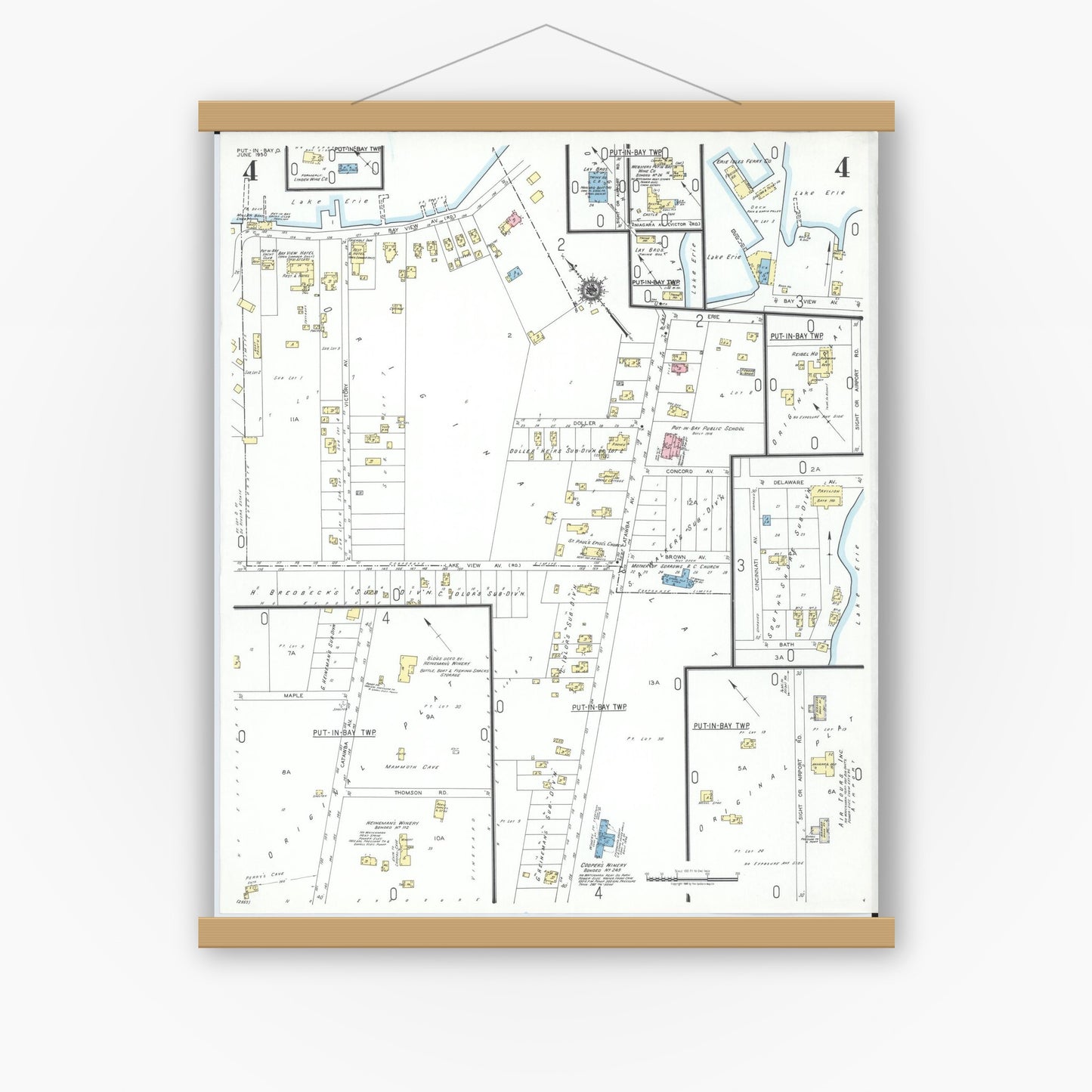 Old map wall art mockup — magnetic wood frame on white wall — Sanborn Fire Insurance Map from Put-in-bay, Ottawa County, Ohio (1950), Sheet #0004