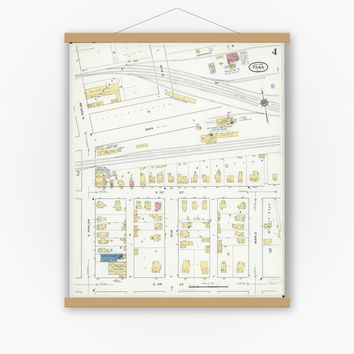 Old map wall art mockup — magnetic wood frame on white wall — Sanborn Fire Insurance Map from Pana, Christian County, Illinois (1916), Sheet #0004