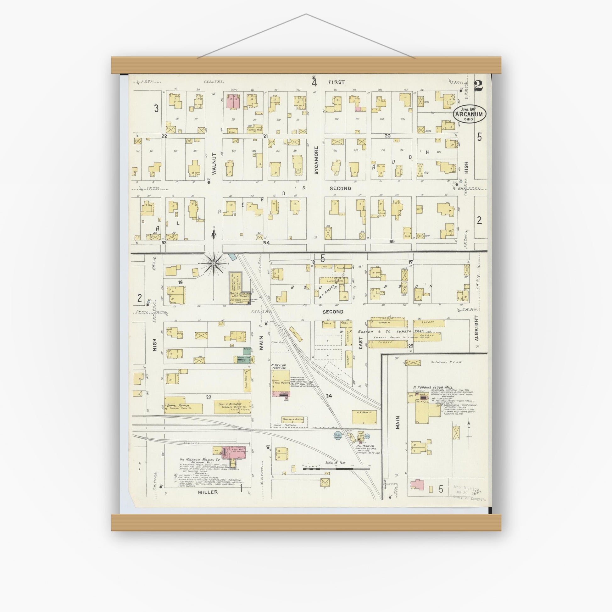 Old map wall art mockup — magnetic wood frame on white wall — Sanborn Fire Insurance Map from Arcanum, Darke County, Ohio (1907), Sheet #0002