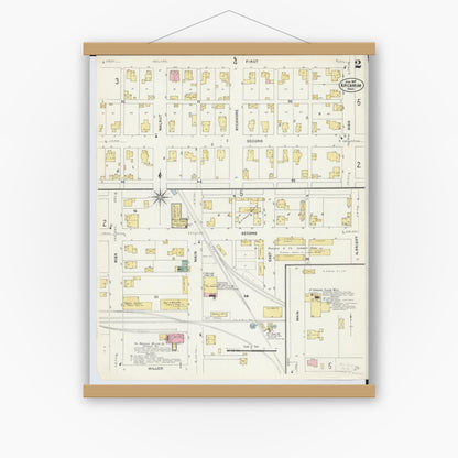Old map wall art mockup — magnetic wood frame on white wall — Sanborn Fire Insurance Map from Arcanum, Darke County, Ohio (1907), Sheet #0002