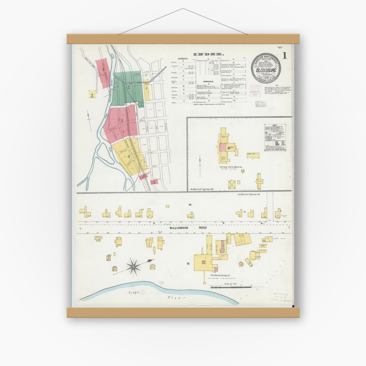 Old map wall art mockup — magnetic wood frame on white wall — Sanborn Fire Insurance Map from Blossburg, Tioga County, Pennsylvania (1904) - Complete Map Set
