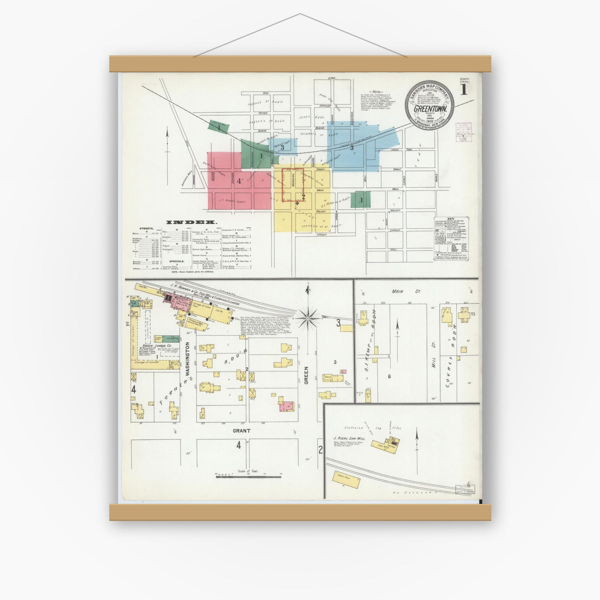 Old map wall art mockup — magnetic wood frame on white wall — Sanborn Fire Insurance Map from Greentown, Howard County, Indiana (1902), Sheet #0001