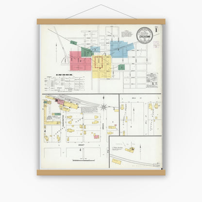 Old map wall art mockup — magnetic wood frame on white wall — Sanborn Fire Insurance Map from Greentown, Howard County, Indiana (1902), Sheet #0001
