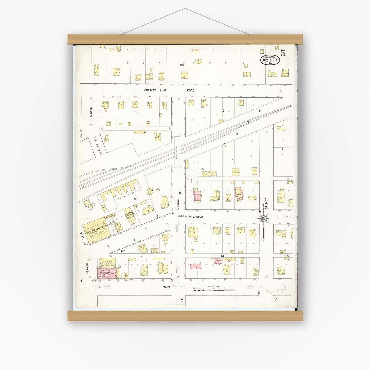 Old map wall art mockup — magnetic wood frame on white wall — Sanborn Fire Insurance Map from Ackley, Hardin and Franklin Counties, Iowa (1916), Sheet #0005