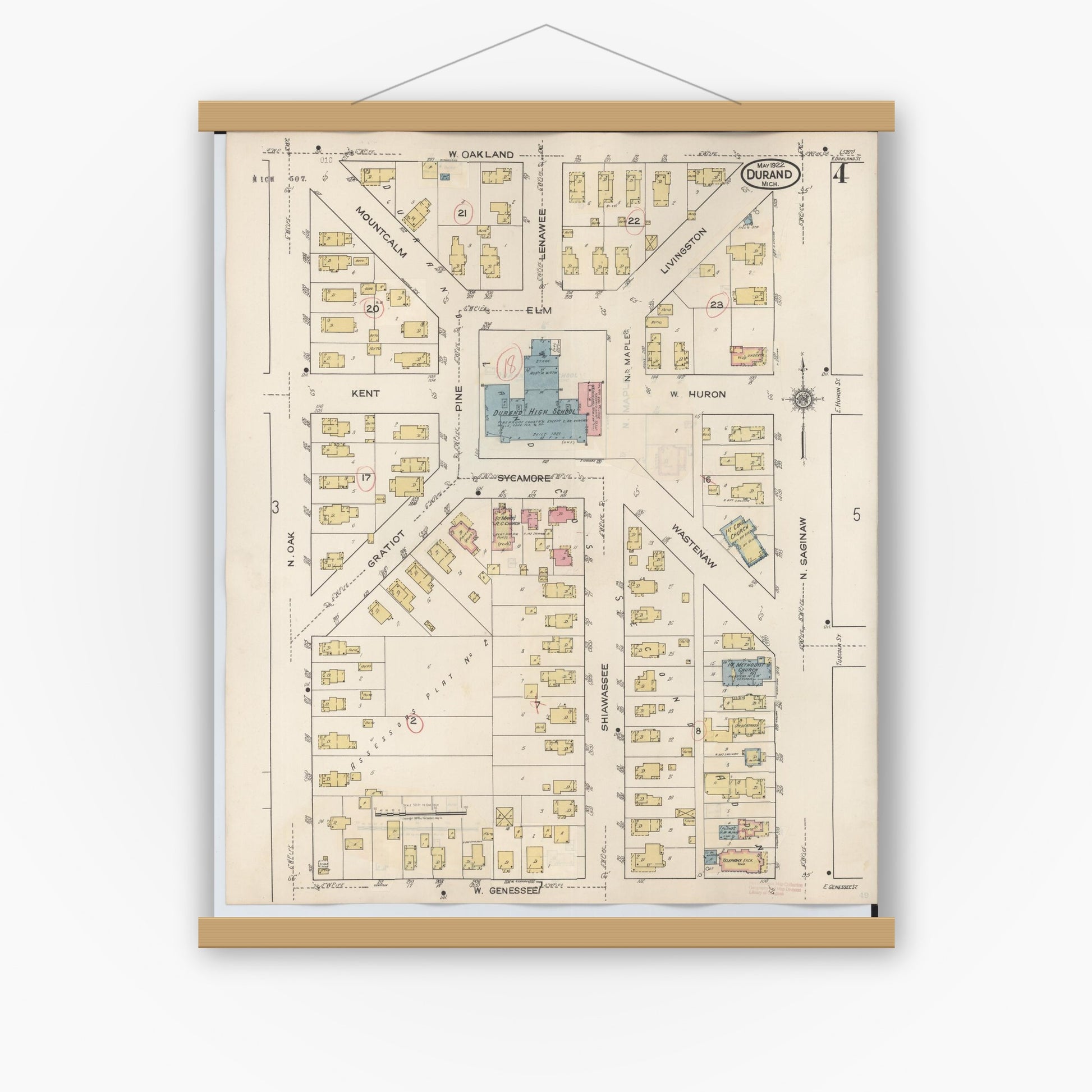 Old map wall art mockup — magnetic wood frame on white wall — Sanborn Fire Insurance Map from Durand, Shiawassee County, Michigan (1944), Sheet #0004