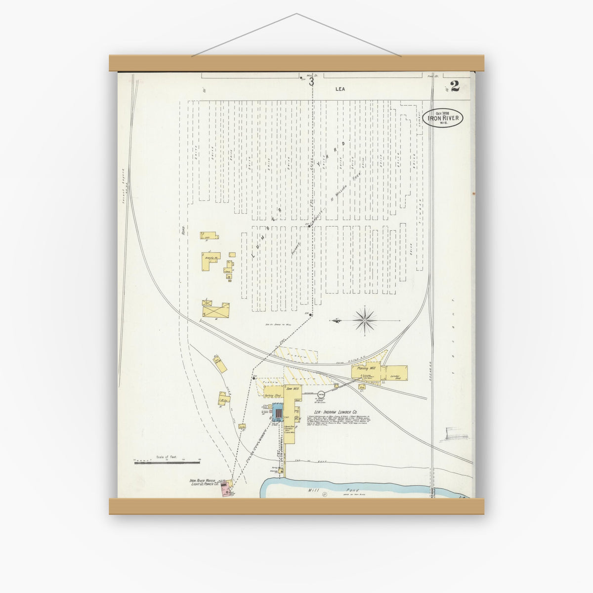 Old map wall art mockup — magnetic wood frame on white wall — Sanborn Fire Insurance Map from Iron River, Bayfield County, Wisconsin (1898), Sheet #0002