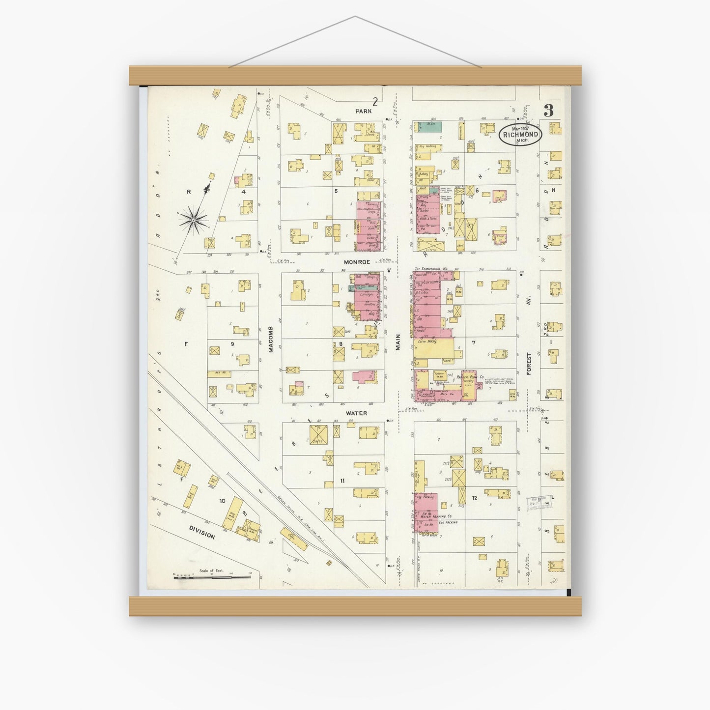 Old map wall art mockup — magnetic wood frame on white wall — Sanborn Fire Insurance Map from Richmond, Macomb County, Michigan (1907), Sheet #0003