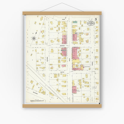 Old map wall art mockup — magnetic wood frame on white wall — Sanborn Fire Insurance Map from Richmond, Macomb County, Michigan (1907), Sheet #0003