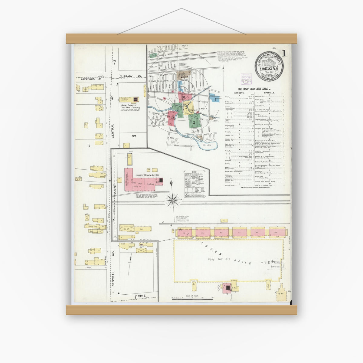Old map wall art mockup — magnetic wood frame on white wall — Sanborn Fire Insurance Map from Lancaster, Erie County, New York (1904) - Complete Map Set