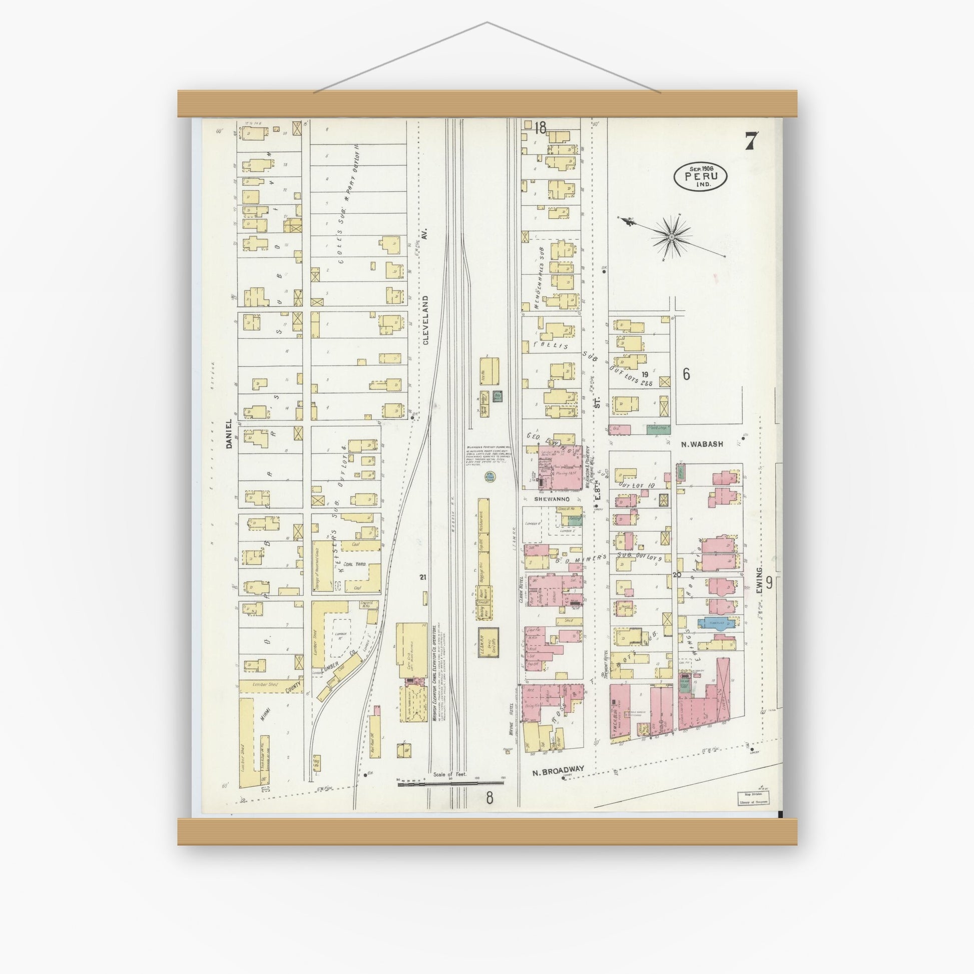 Old map wall art mockup — magnetic wood frame on white wall — Sanborn Fire Insurance Map from Peru, Miami County, Indiana (1906), Sheet #0007