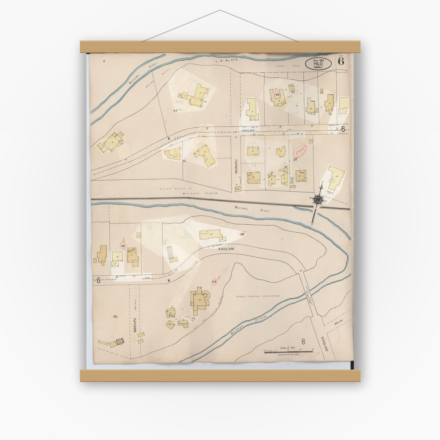 Old map wall art mockup — magnetic wood frame on white wall — Sanborn Fire Insurance Map from Hilo, Hawaii County, Hawaii (1957), Sheet #0006