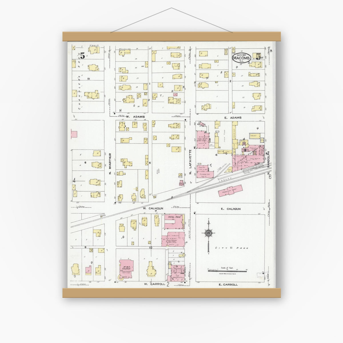 Old map wall art mockup — magnetic wood frame on white wall — Sanborn Fire Insurance Map from Macomb, Mcdonough County, Illinois (1924), Sheet #0005