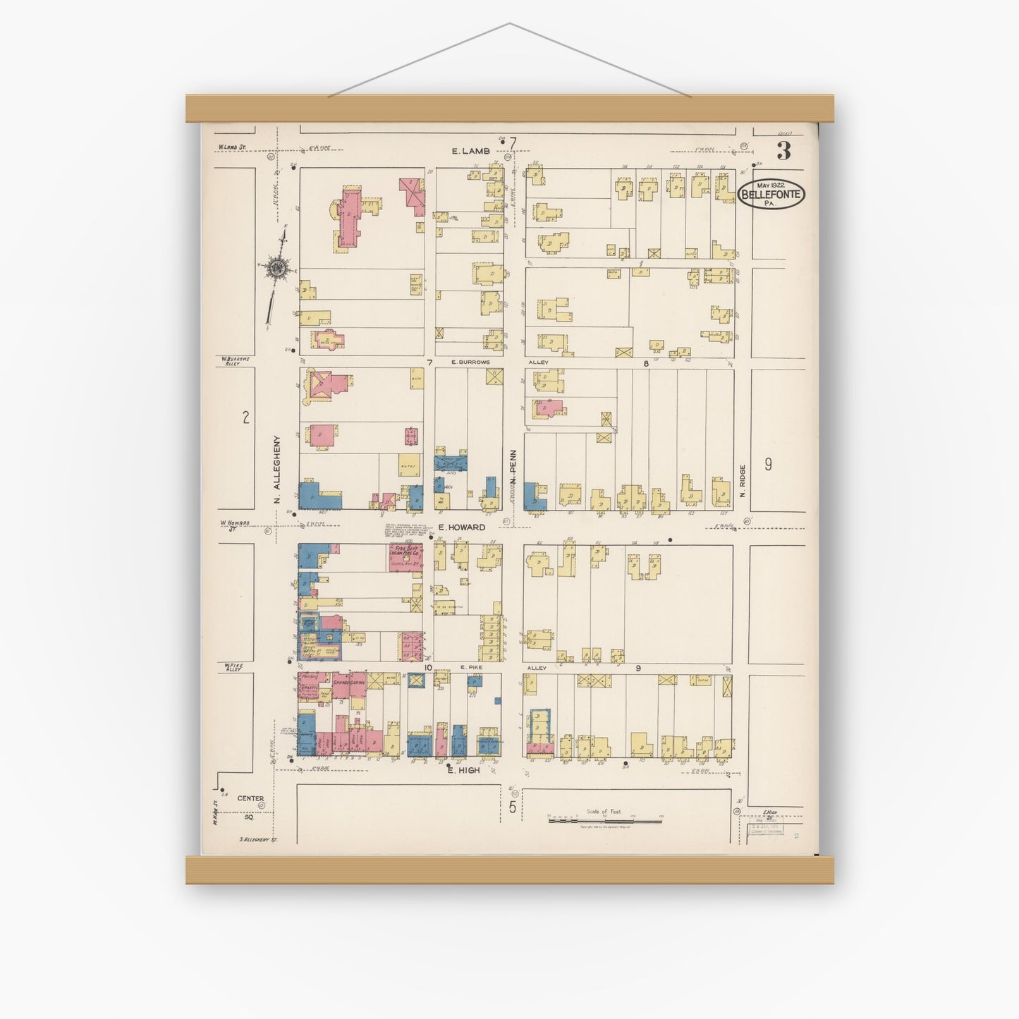 Old map wall art mockup — magnetic wood frame on white wall — Sanborn Fire Insurance Map from Bellefonte, Centre County, Pennsylvania (1922), Sheet #0003