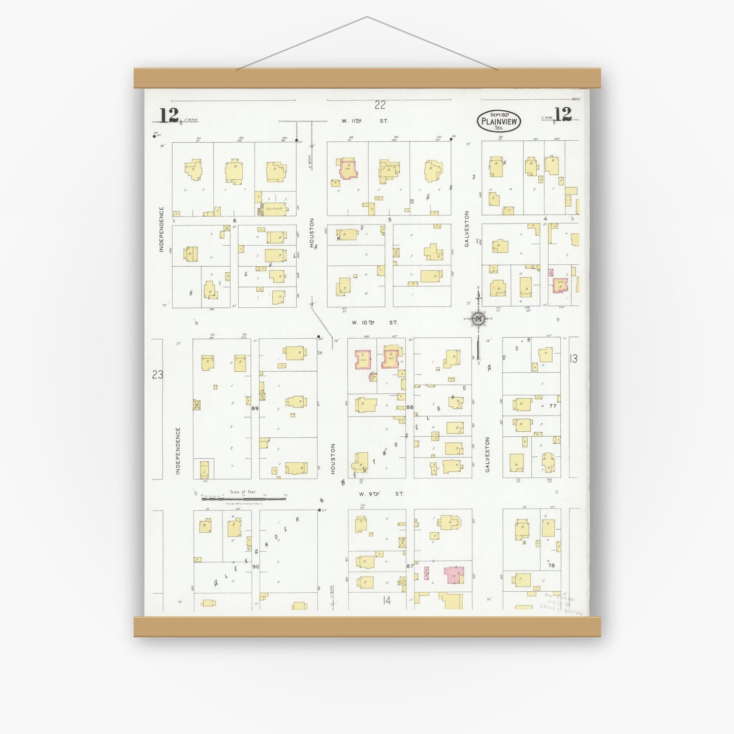 Old map wall art mockup — magnetic wood frame on white wall — Sanborn Fire Insurance Map from Plainview, Hale County, Texas (1927), Sheet #0012