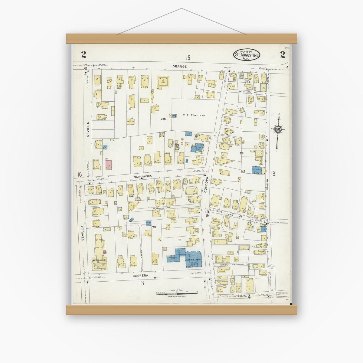Old map wall art mockup — magnetic wood frame on white wall — Sanborn Fire Insurance Map from Saint Augustine, Saint John's County, Florida (1924), Sheet #0002