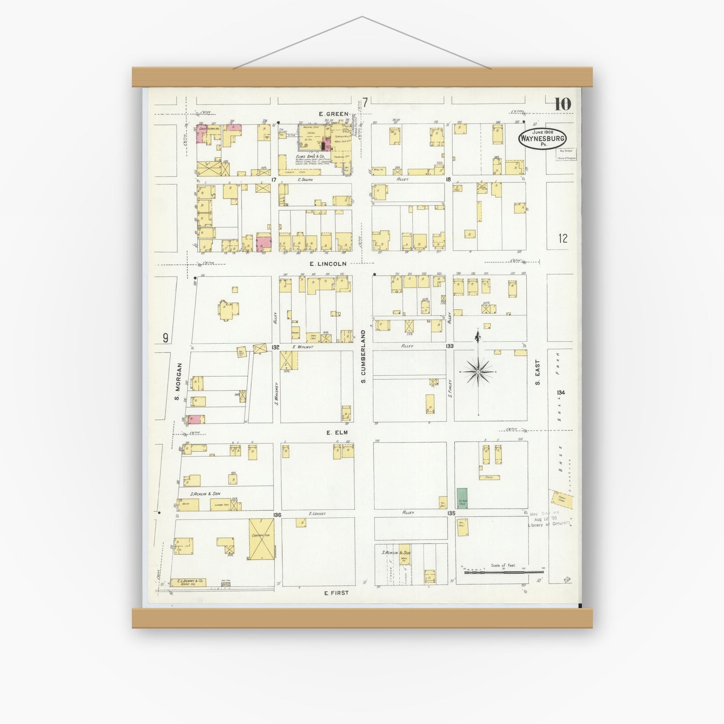 Old map wall art mockup — magnetic wood frame on white wall — Sanborn Fire Insurance Map from Waynesburg, Greene County, Pennsylvania (1908), Sheet #0010