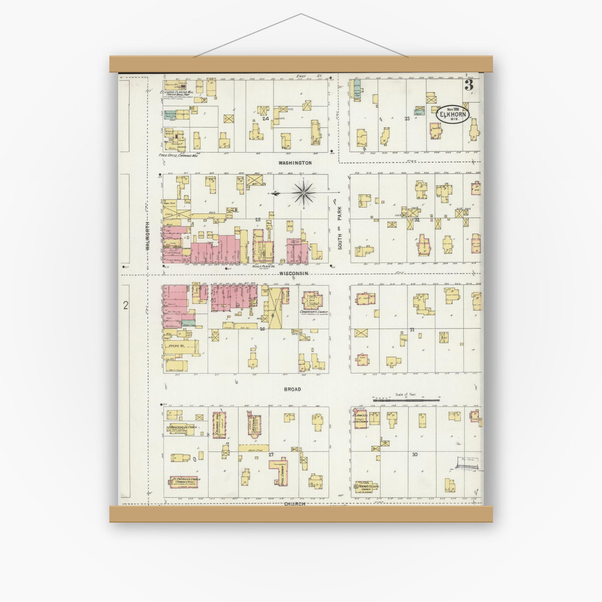 Old map wall art mockup — magnetic wood frame on white wall — Sanborn Fire Insurance Map from Elkhorn, Walworth County, Wisconsin (1898), Sheet #0003