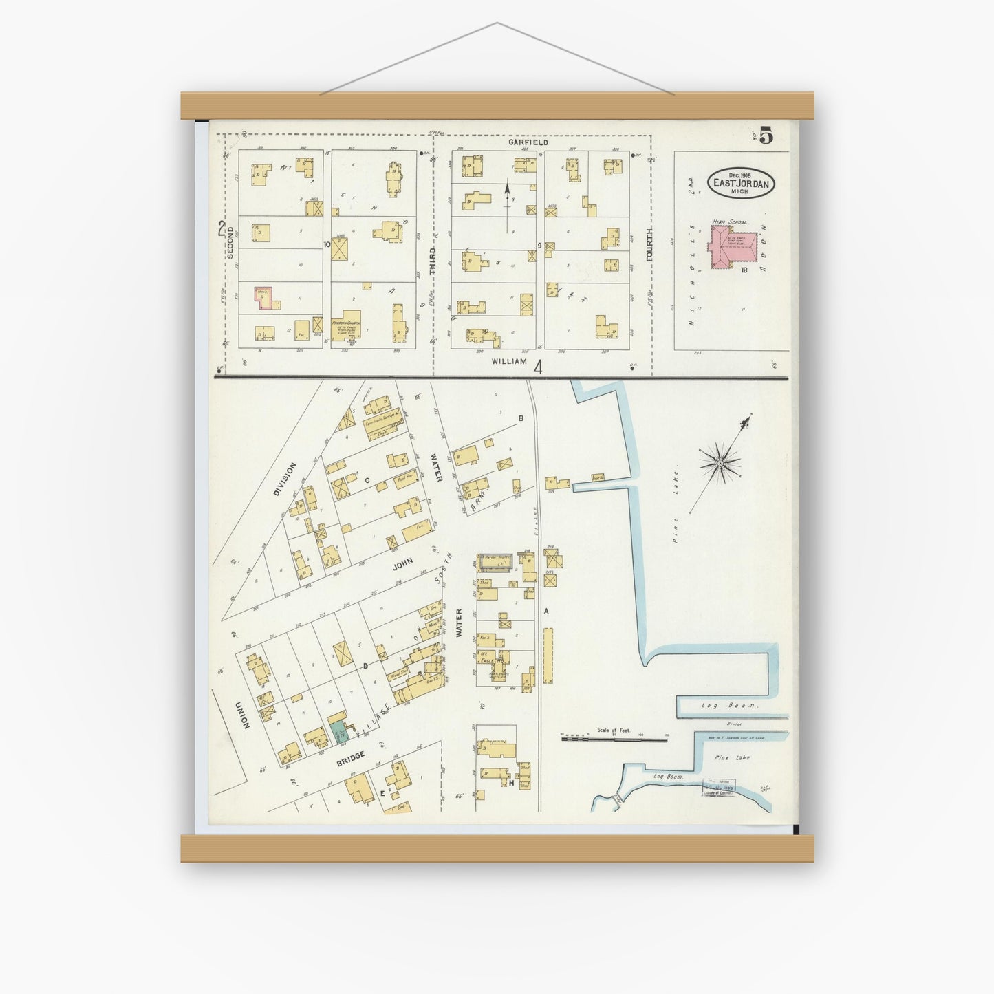 Old map wall art mockup — magnetic wood frame on white wall — Sanborn Fire Insurance Map from East Jordan, Charlevoix County, Michigan (1905), Sheet #0005